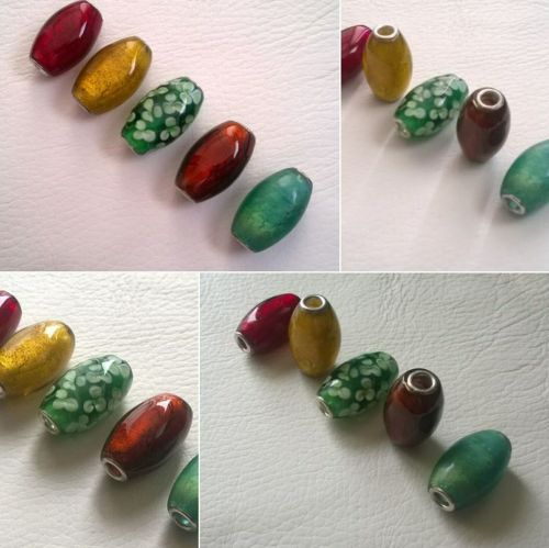 Large Glass Tube Barrel Beads Inlaid with Gold Leaf, Red, Green, Brown, Yellow, Blue, 28mm x 15mm